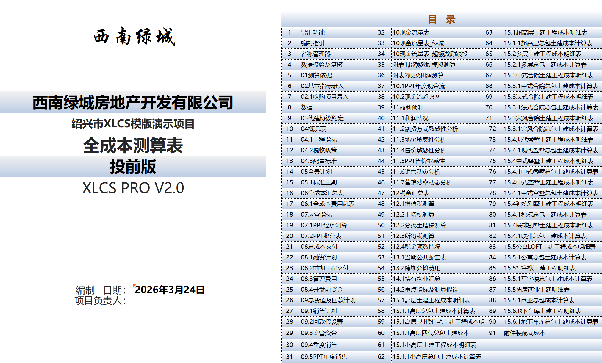 XLCS PRO 西绿项目全成本测算多地块版目录